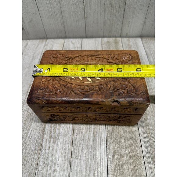 Vtg Wooden Jewelry Trinket Box Carved Inlay Flower Top Design 6 x  4 in India - Picture 9 of 10